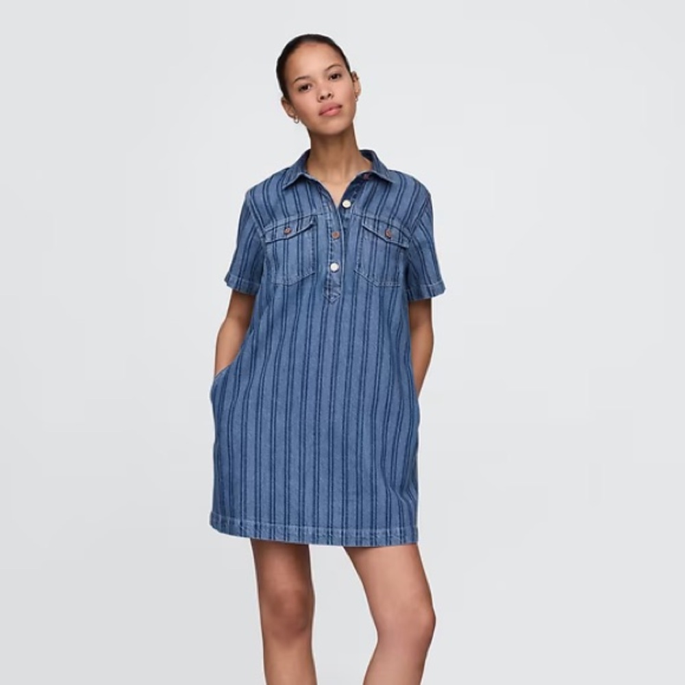 ULTRA SOFT DENIM STRIPED POPOVER MINI DRESS (Tall) || GAP